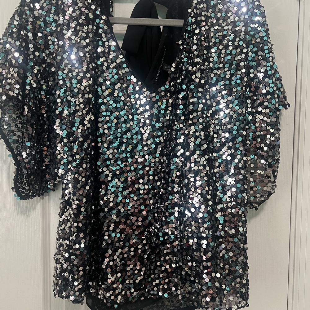 White House Black Market Black and Silver Sequin Blouse
